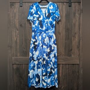 Blue Abstract Print Wrap Maxi Dress XL Short Sleeve Stretchy